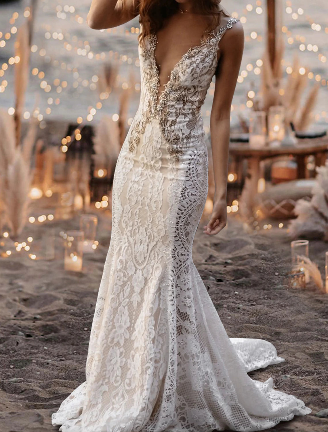 Buyishang Beach Open Back Sexy Boho Wedding Dresses Mermaid V Neck Sleeveless Court Train Lace Bridal Gowns With Appliques